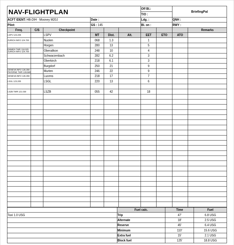 NAV-Flugplan von BriefingPal mit Frequenzen je Teilstrecke, Kursen, Distanzen und Fuel-Rechnung